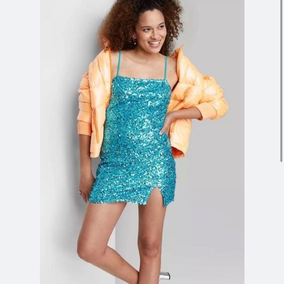 Blue turquoise sequin mini party dress - Picture 1 of 2